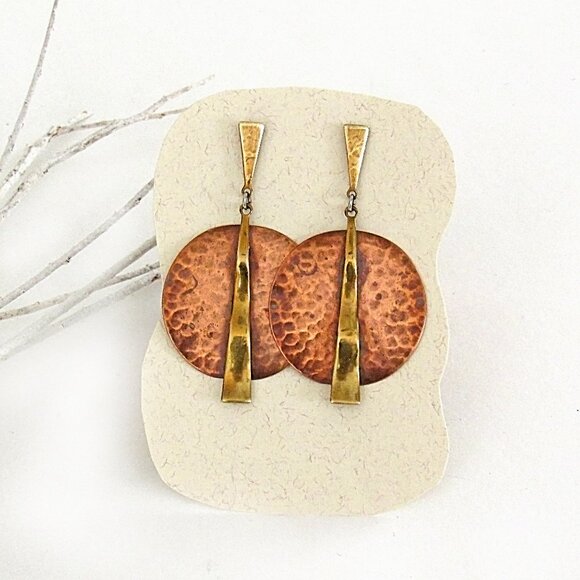 Vintage Hammered Copper and Brass Mixed Metal Pierced Post Earrings - Picture 5 of 6